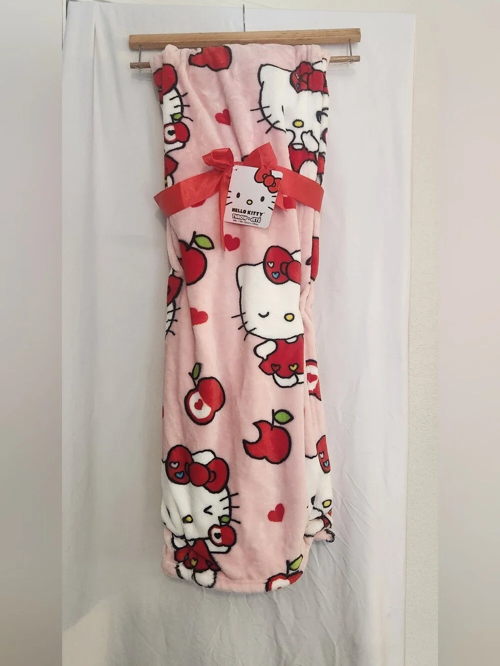 Hello Kitty Pink Plush Blanket Throw with Red Apple Heart Accents 60x70in